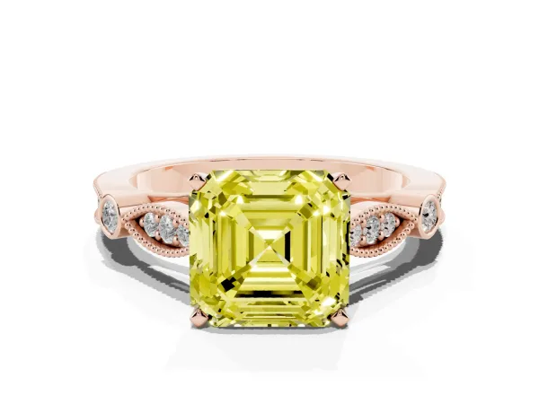 Fancy Yellow Asscher Cut Cut Diamond with Milgrain Marquise and Bezel Accents on a Solitaire Band with Prong Setting Rose gold