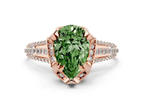 Fancy Green Pear Cut Solitaire Pave Split Shank Ring with Four-Prong Setting Rose gold