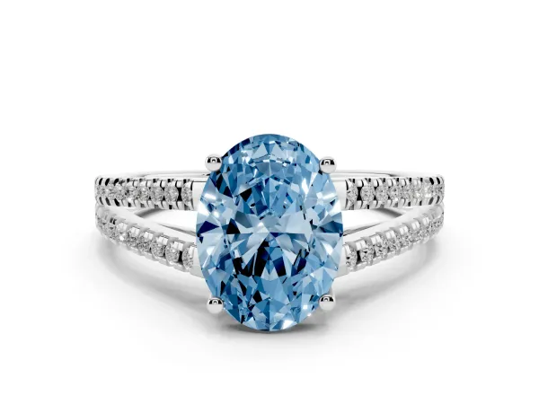 Fancy Blue Oval Cut Diamond Solitaire Engagement Ring with Split Shank Pavé Band White gold