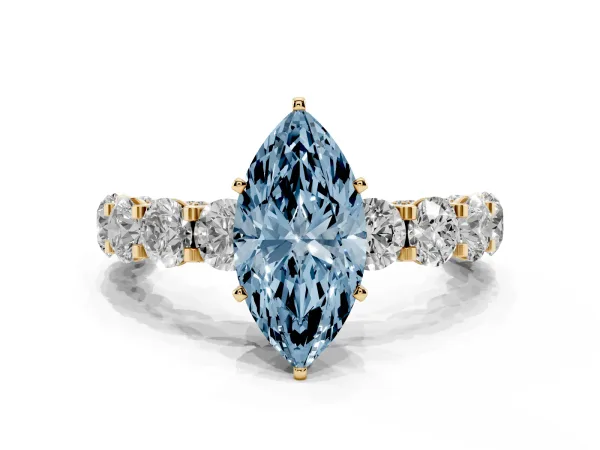 Fancy Blue Marquise Cut Diamond Side Stone Engagement Ring with Four-Prong Setting Yellow gold