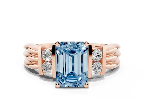 Fancy Blue Emerald Cut Cut Three-Stone Channel Set Ring with Bar Prongs Rose gold