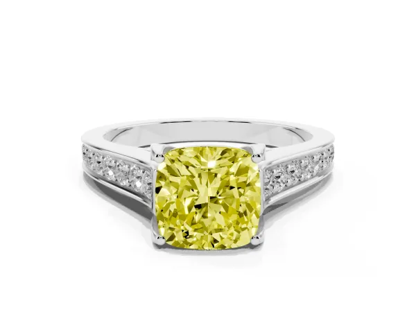 Fancy Yellow Cushion Cut Brilliant Cut Diamond Engagement Ring with Pavé Band and Four-Prong Setting Platinum