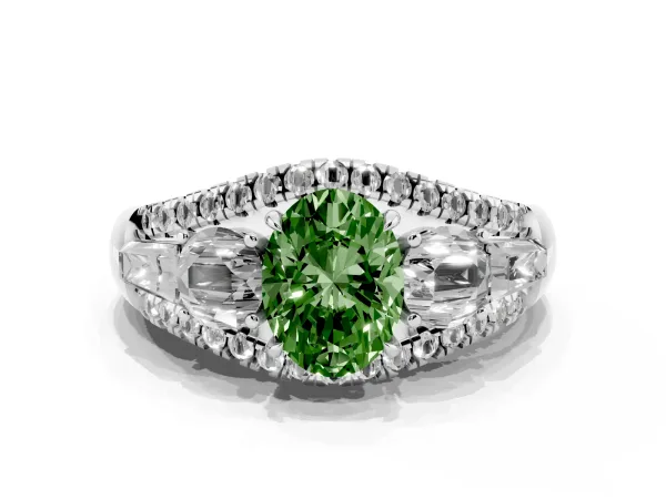 Fancy Green Three-Stone Oval Cut Diamond Engagement Ring with Pave Band and Prong Setting Platinum