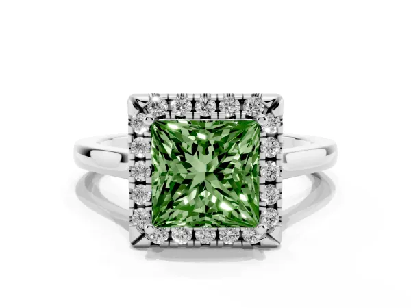 Fancy Green Princess Cut Halo Round Diamond Solitaire Ring with Pavé Band and Four-Prong Setting White gold