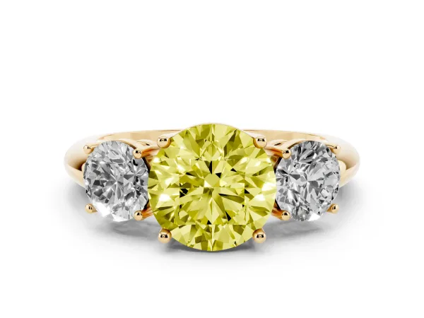 Fancy Yellow Three-Stone Round Cut Cut Diamond Engagement Ring with Prong Setting on a White Gold Band Yellow gold