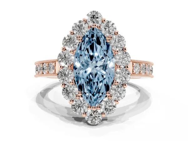 Fancy Blue Marquise Cut Cut Halo Diamond Pavé Engagement Ring with Milgrain Detailing Rose gold