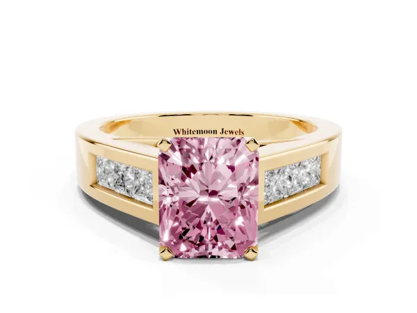 Fancy Pink Radiant Cut Cut Channel Set Solitaire Ring with Four-Prong Setting Yellow gold