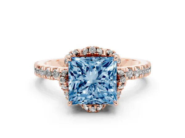 Fancy Blue Princess Cut Diamond Halo Pave Band with Four-Prong Setting Rose gold