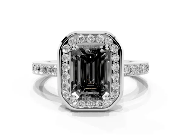 Fancy Black Emerald Cut Diamond Halo Ring with Bezel Frame and Pavé Band White gold