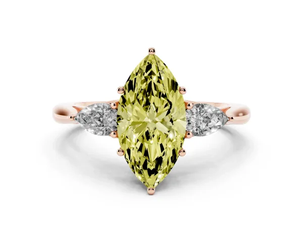 Fancy Yellow Marquise Cut Diamond Three-Stone Ring with Pear Side Stones and Prong Setting Rose gold