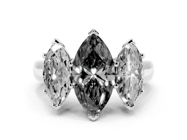 Fancy Black Marquise Cut Three-Stone Diamond Ring with Prong Setting on a Classic Band Platinum
