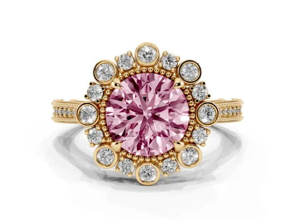 Fancy Pink Round Cut Halo Milgrain Pave Diamond Ring with Four-Prong Setting Yellow gold