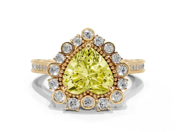 Fancy Yellow Heart Cut Halo Milgrain Pave Diamond Ring with Four-Prong Setting Yellow gold