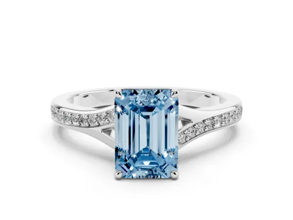 Fancy Blue Emerald Cut Diamond Solitaire Ring with Pavé Band and Prong Setting White gold