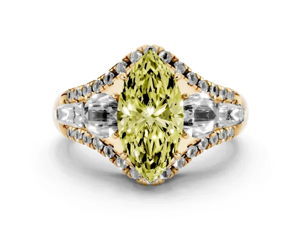 Fancy Yellow Three-Stone Marquise Cut Diamond Engagement Ring with Pave Band and Prong Setting Yellow gold