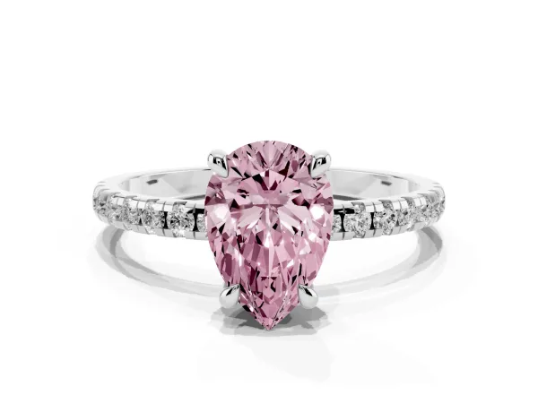 Fancy Pink Pear Cut Diamond Brilliant Solitaire Ring with Pavé Band and Four-Prong Setting Platinum