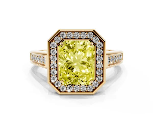 Fancy Yellow Radiant Cut Halo Solitaire Diamond Ring with Pave Band and Bezel Setting Yellow gold