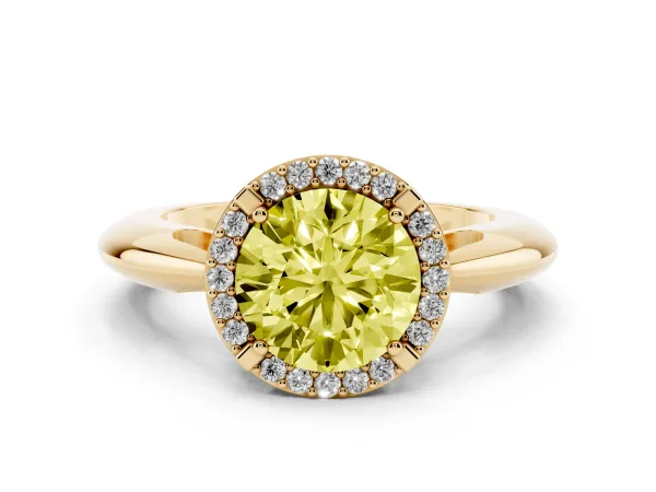Fancy Yellow Round Cut Cut Diamond Halo Engagement Ring with Split Shank and Four-Prong Setting Yellow gold