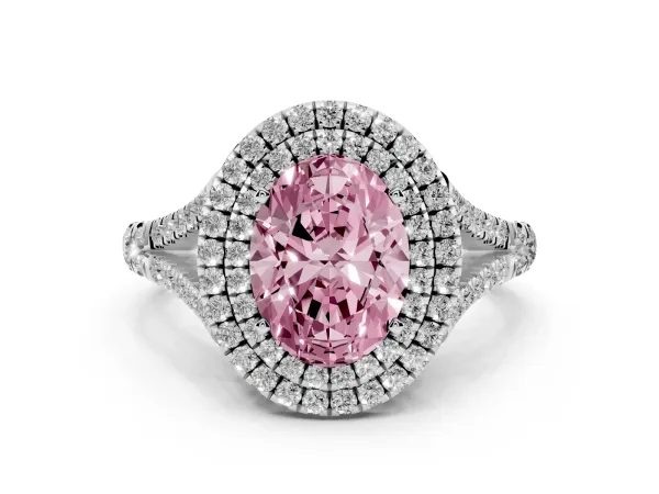 Fancy Pink Oval Cut Diamond Pavé Split Shank Double Halo Engagement Ring Platinum