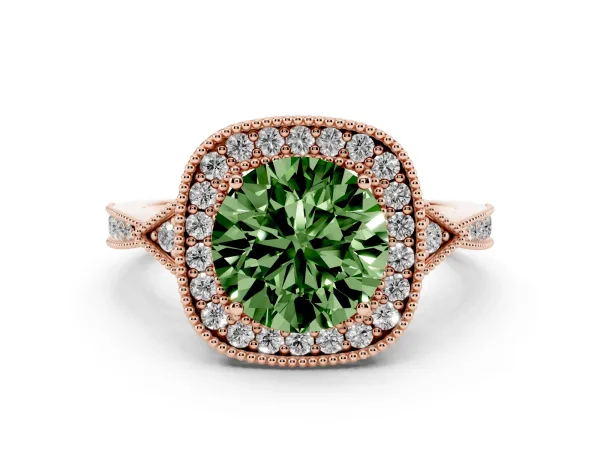 Fancy Green Round Cut Halo Round Diamond Milgrain Pave Engagement Ring Rose gold