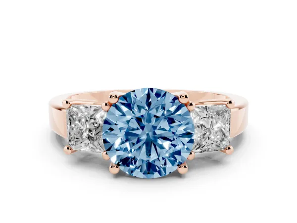 Fancy Blue Three-Stone Round Cut Cut Solitaire Ring with Prong Setting Rose gold