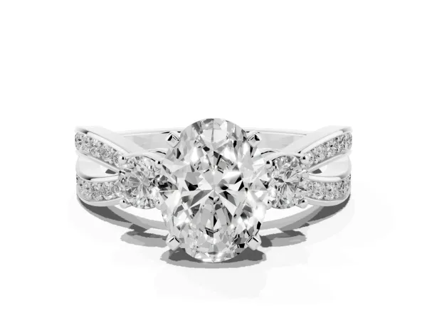 Three-Stone Oval Cut Cut Diamond Twist Band with Prong Setting White gold