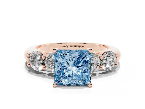 Fancy Blue Princess Cut Cut Five-Stone Prong Set Diamond Ring with Classic Band Rose gold