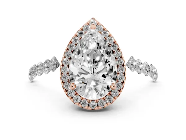 Pear Cut Halo Pavé Diamond Engagement Ring with Four-Prong Setting Rose gold