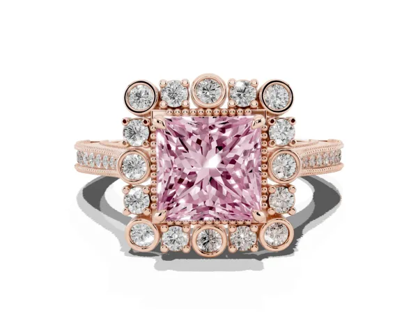 Fancy Pink Princess Cut Halo Milgrain Pave Diamond Ring with Four-Prong Setting Rose gold