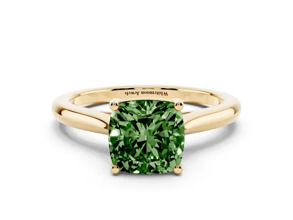Fancy Green Cushion Cut Cut Solitaire Ring with Cathedral Band and Four-Prong Setting Yellow gold