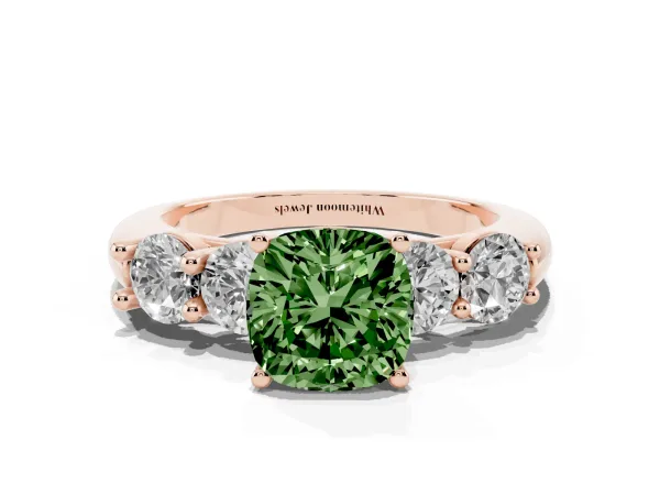Fancy Green Cushion Cut Cut Five-Stone Prong Set Diamond Ring with Classic Band Rose gold