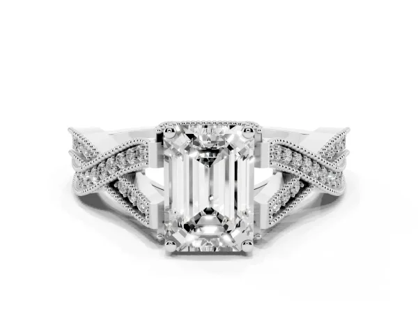 Emerald Cut Cut Diamond Twisted Band with Milgrain Pave Setting and Four-Prong Setting Platinum