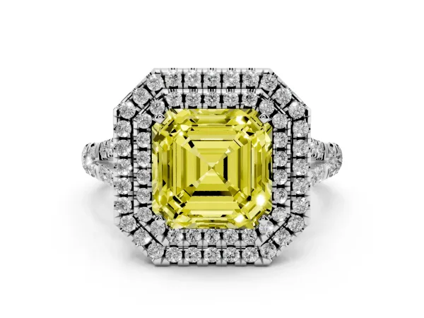 Fancy Yellow Asscher Cut Diamond Pavé Split Shank Double Halo Engagement Ring White gold