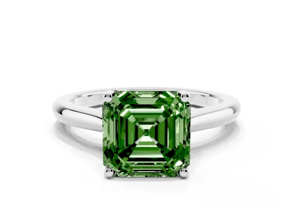 Fancy Green Asscher Cut Cut Solitaire Ring with Cathedral Band and Four-Prong Setting White gold