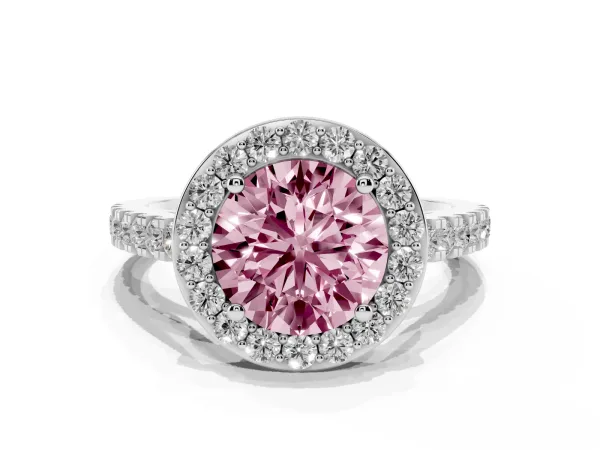 Fancy Pink Round Cut Diamond Halo Ring with Round Pavé Split Shank and Prong Setting White gold