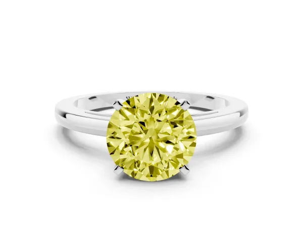 Fancy Yellow Round Cut Solitaire Diamond Engagement Ring with Four-Prong Setting on a Classic Band Platinum
