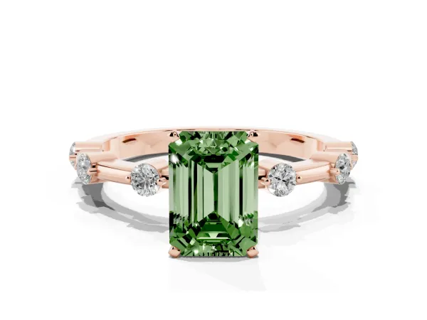 Fancy Green Emerald Cut Solitaire Diamond Ring with Bezel Set Side Stones and Prong Setting Rose gold