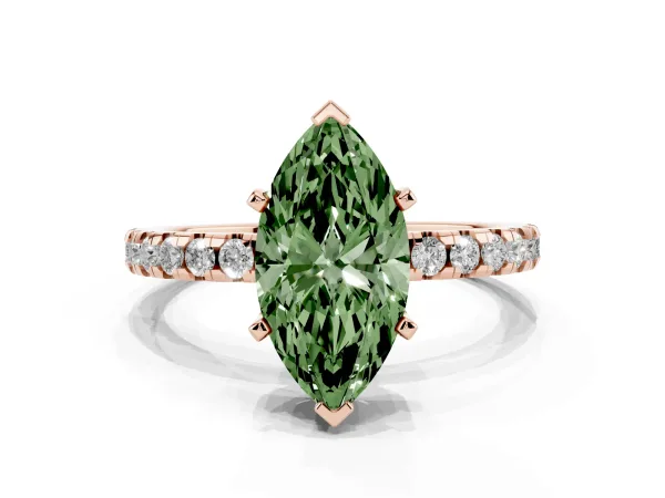 Fancy Green Marquise Cut Diamond Solitaire Ring with Round Pavé Band and Four-Prong Setting Rose gold