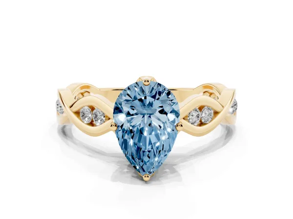 Fancy Blue Pear Cut Solitaire Twist Band with Leaf Prong Setting Yellow gold