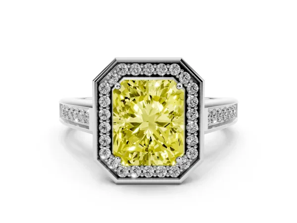 Fancy Yellow Emerald Cut Halo Solitaire Diamond Ring with Pave Band and Bezel Setting White gold