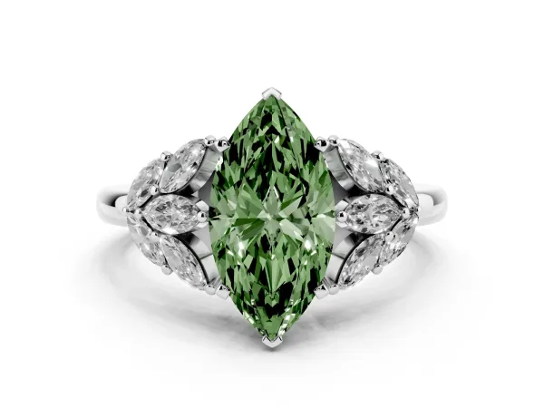 Fancy Green Marquise Cut Diamond Cluster Leaf Design Ring with Prong Setting Platinum