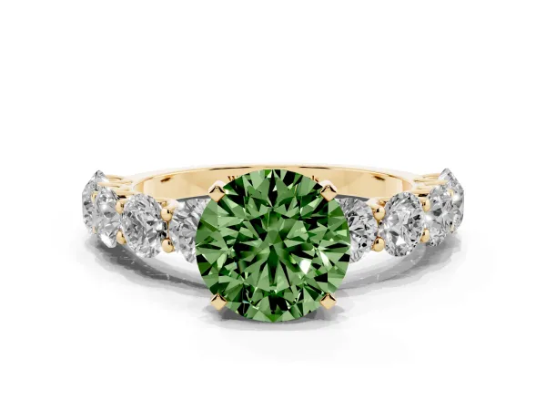 Fancy Green Round Cut Diamond Prong Setting with Side Stones on a Pave Band Yellow gold