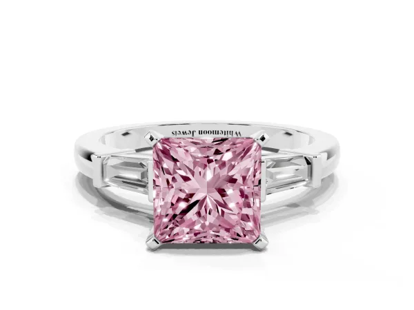 Fancy Pink Princess Cut Cut Diamond Solitaire Ring with Tapered Baguette Accents and Four-Prong Setting White gold