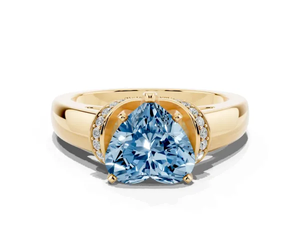 Fancy Blue Heart Cut Solitaire Diamond Ring with Pave Band and Six-Prong Setting Yellow gold