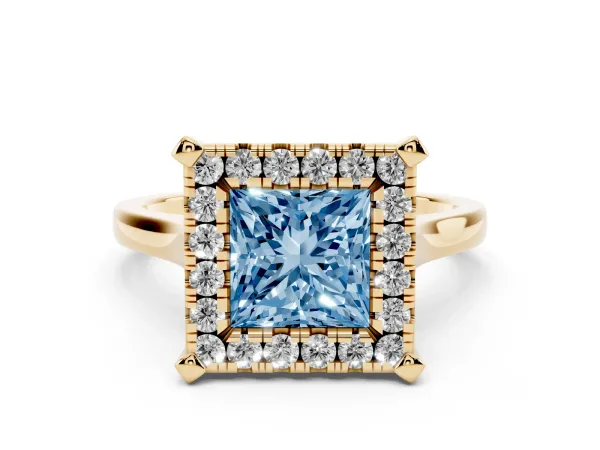 Fancy Blue Princess Cut Diamond Cluster Halo Solitaire with Four-Prong Setting Yellow gold