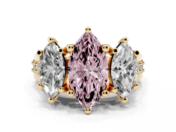 Fancy Pink Marquise Cut Diamond Three-Stone Ring with Channel Set Band and Four-Prong Setting Yellow gold