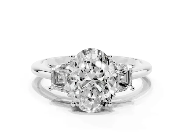 Oval Cut Diamond Three-Stone Ring with Trapezoid Side Stones and Prong Setting Platinum