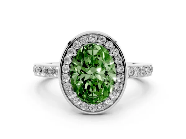 Fancy Green Oval Cut Diamond Halo Ring with Bezel Frame and Pavé Band White gold