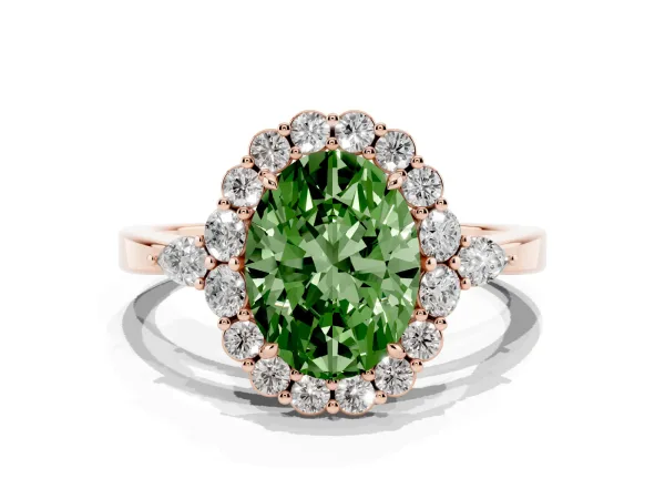 Fancy Green Oval Cut Diamond Halo Ring with Pear Side Stones and Prong Setting Rose gold