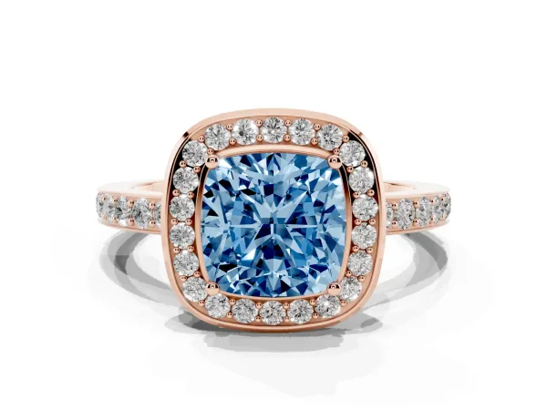 Fancy Blue Cushion Cut Diamond Halo Ring with Bezel Frame and Pavé Band Rose gold